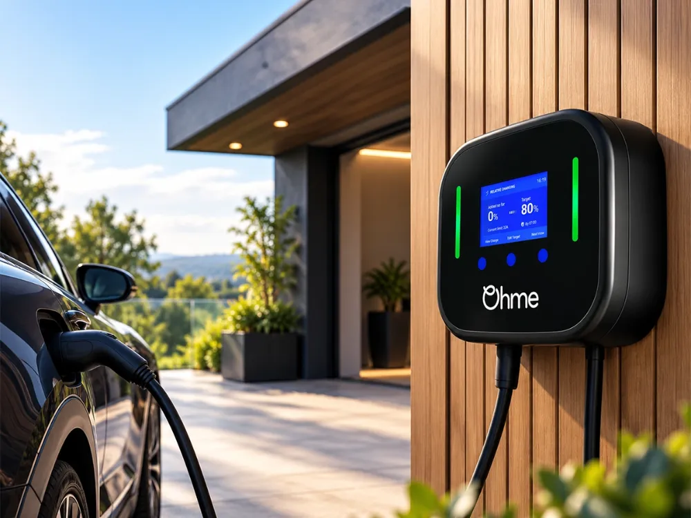 Ohme Home Pro smart EV charger with digital LCD display, installed on a modern timber-clad home and charging an electric car.